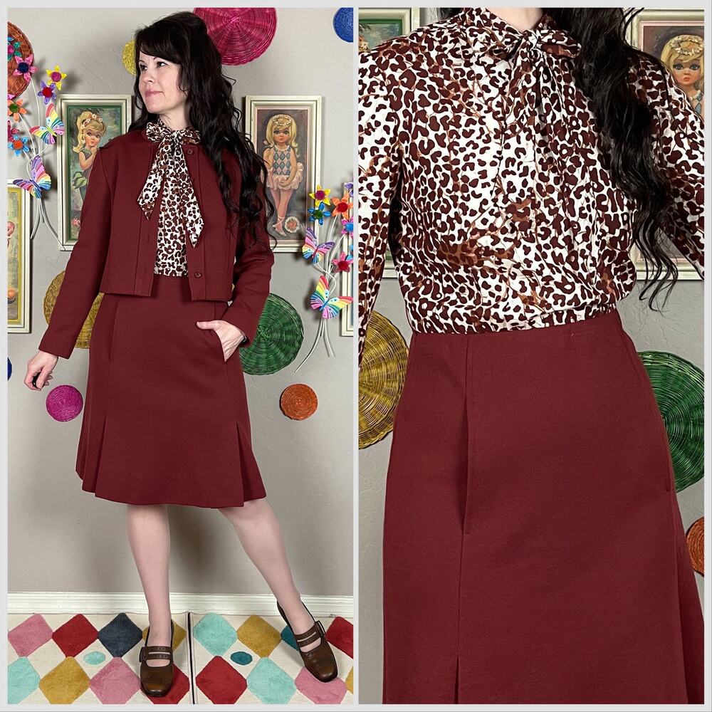 Vintage 1960s Two Piece Crop Jacket & Long Sleeve Kitten Bow Animal Print Dress